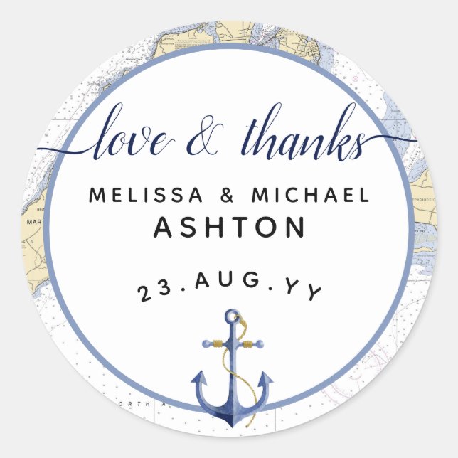Thank You Nautical Chart Anchor Wedding / Event Classic Round Sticker (Front)