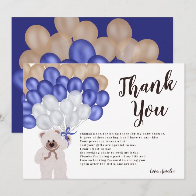 Thank you navy blue balloon bear boy baby shower card (Front/Back)