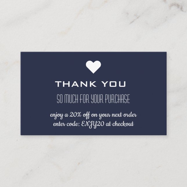 Thank You Navy Blue Discount Heart Business Card (Front)