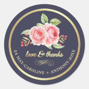 Thank You. Navy Blue Watercolor Roses Wedding  Classic Round Sticker
