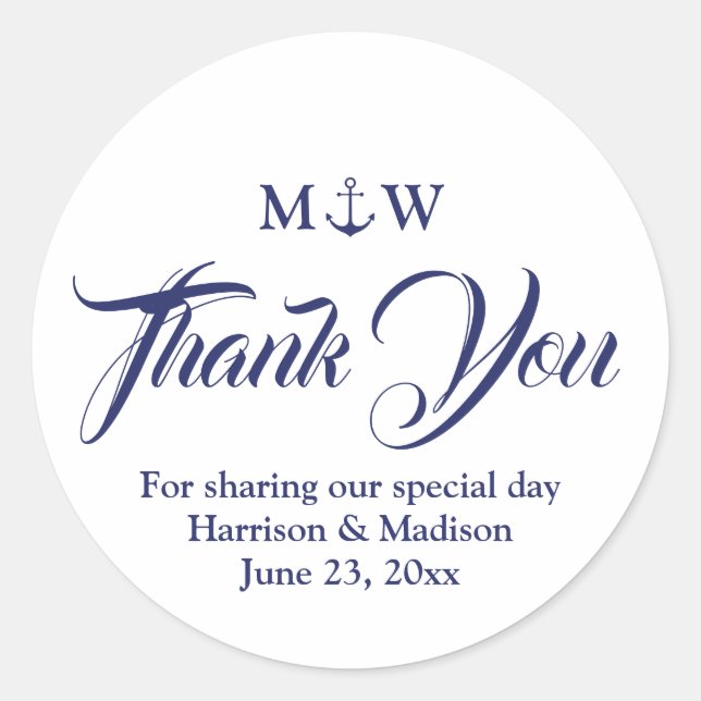Thank You navy blue white Nautical anchor wedding Classic Round Sticker (Front)