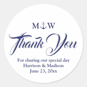 Thank You navy blue white Nautical anchor wedding Classic Round Sticker