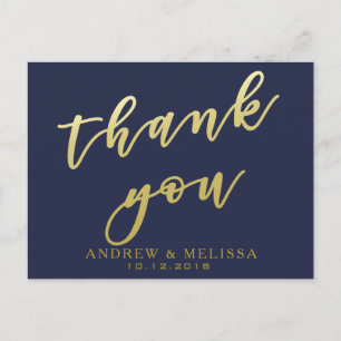 Thank you   Navy & Faux Gold Script Postcard
