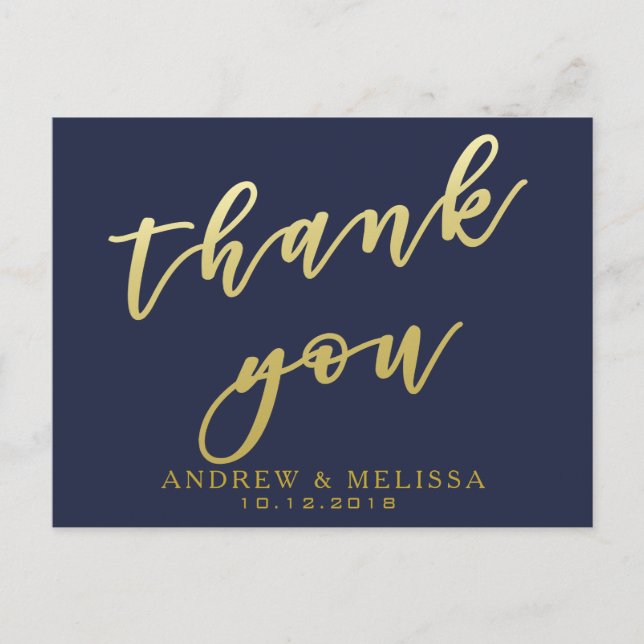 Thank you | Navy & Faux Gold Script Postcard (Front)