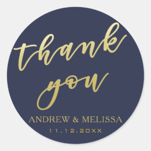 Thank you   Navy & Gold Script Wedding Sticker