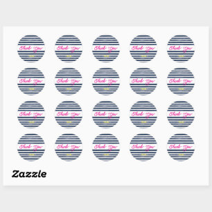 Thank you Navy pink stripes Classic Round Sticker