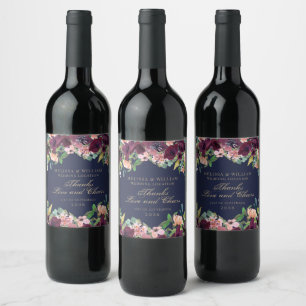 Thank You Navy Watercolor Burgundy Floral Wedding Wine Label