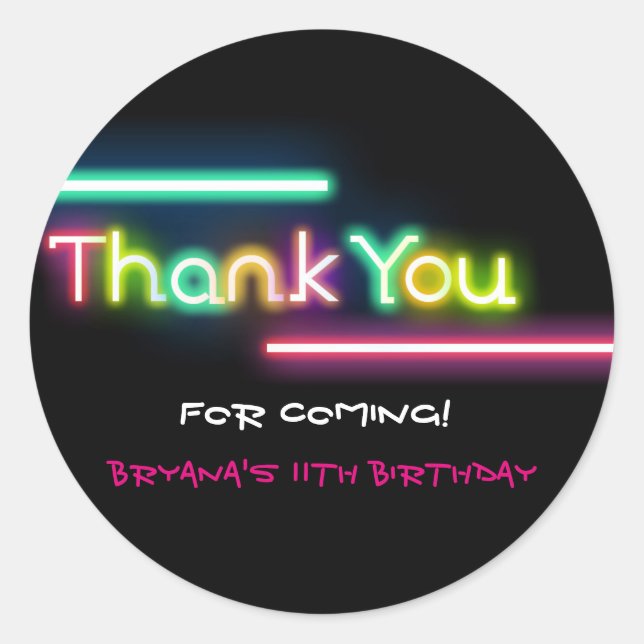 THANK YOU Neon Glow Black Birthday Party Sticker (Front)