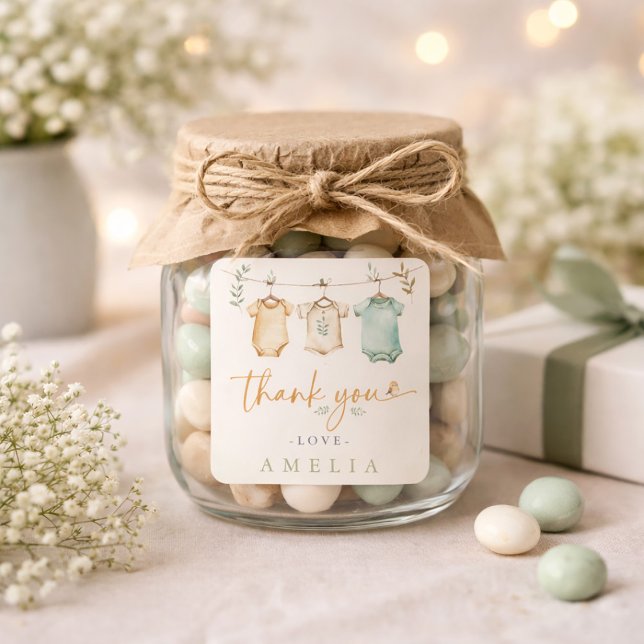 Thank You Neutral Baby Clothesline Baby Shower Square Sticker (Thank You Neutral Baby Clothesline Baby Shower Square Sticker)