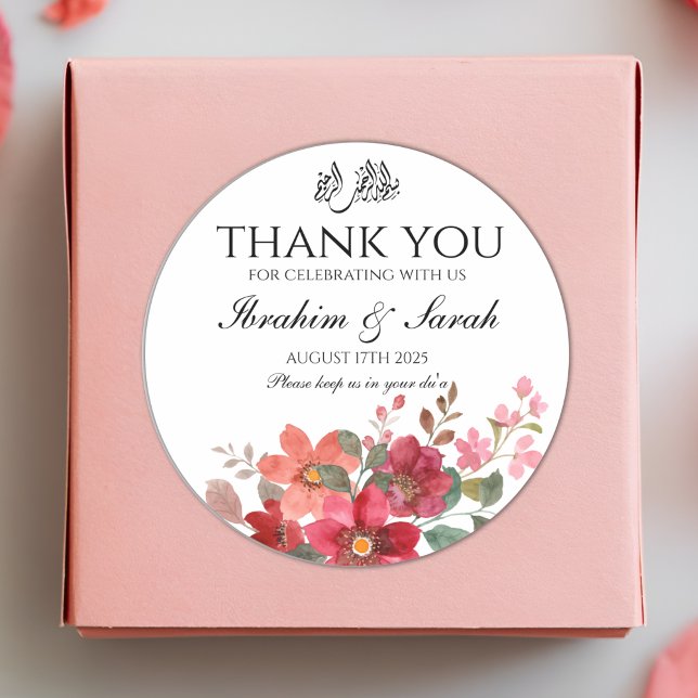 Thank You Nikah Muslim Wedding Red Floral Classic Round Sticker (Creator Uploaded)