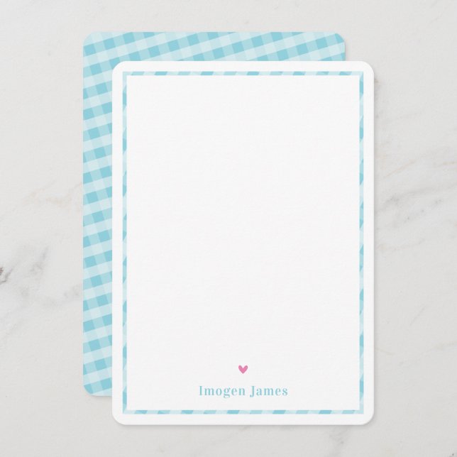 THANK YOU NOTE cute pretty check aqua blue heart (Front/Back)