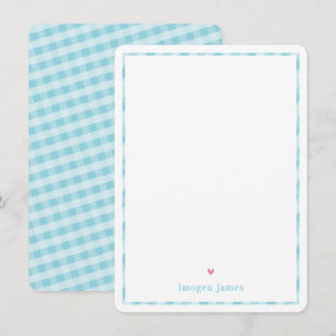 THANK YOU NOTE cute pretty check aqua blue heart Card