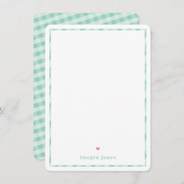 THANK YOU NOTE cute pretty mint green check heart (Front/Back)