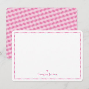 THANK YOU NOTE modern cute check heart pink white Card