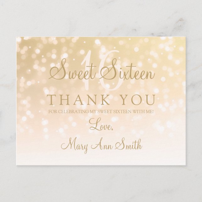 Thank You Note Sweet 16 Gold Bokeh Sparkle Lights Postcard (Front)