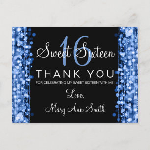 Thank You Note Sweet 16 Party Sparkles Blue Postcard