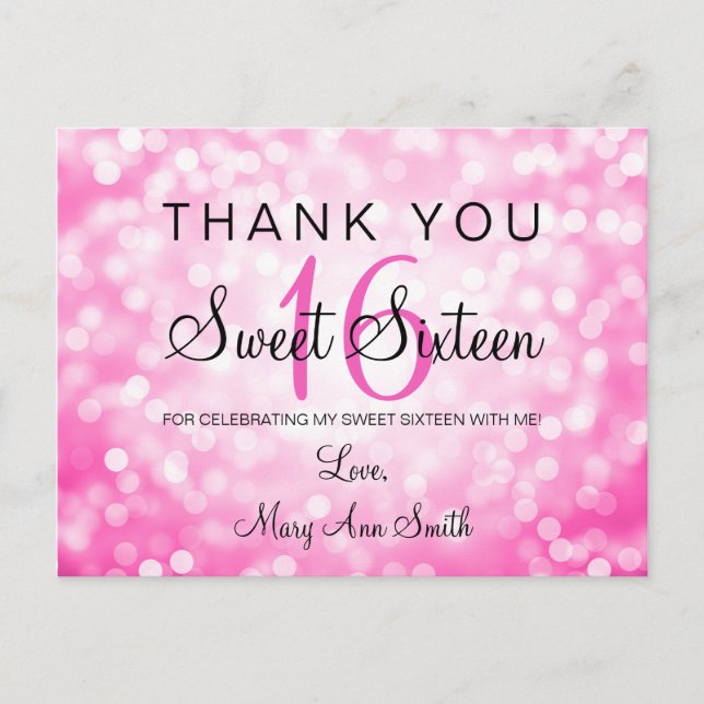 Thank You Note Sweet 16 Pink Glitter Lights Postcard (Front)