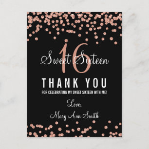 Thank You Note Sweet 16 Rose Gold Glitter Confetti Postcard