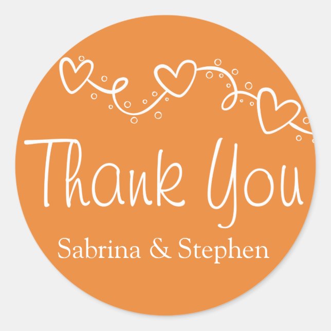 Thank You Orange White Heart Love Wedding Party Classic Round Sticker (Front)
