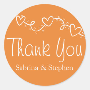 Thank You Orange White Heart Love Wedding Party Classic Round Sticker