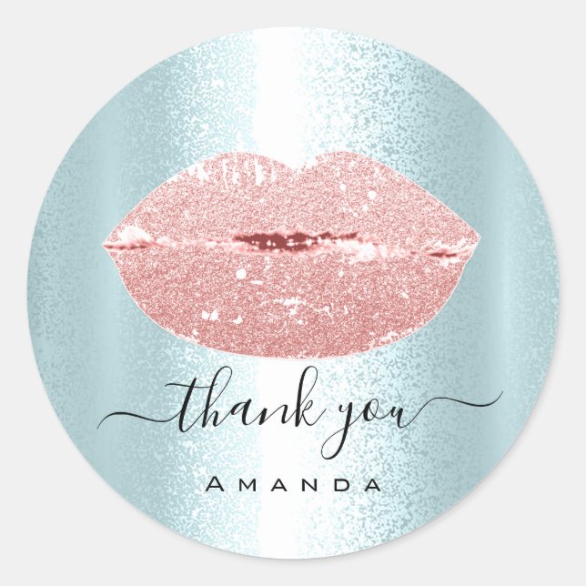 Thank You Order Makeup Kiss Lips Glitter Blue Classic Round Sticker (Front)