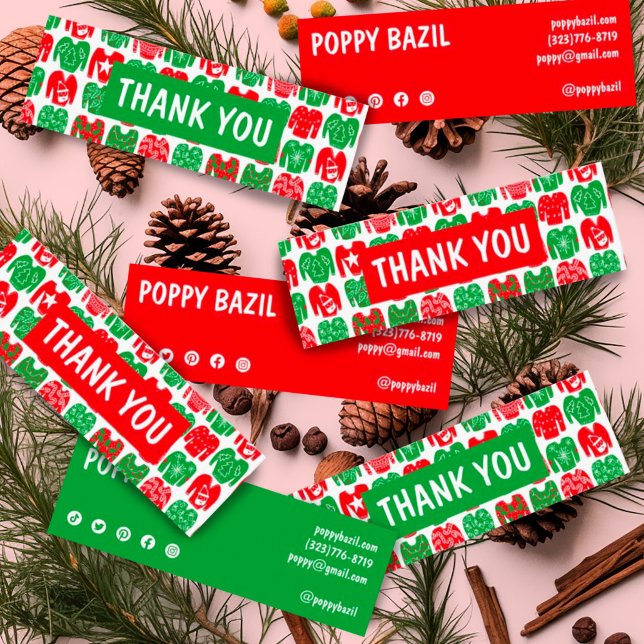 Thank You Order Social Media Icons XMAS Holiday Mini Business Card (Mini custom thank you business cards with social media icons. Decorated with cute xmas sweaters)