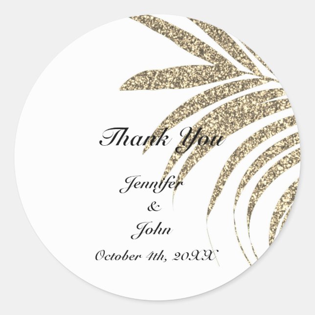Thank You Palm Tree Gold Leaf Glittery Wedding Classic Round Sticker (Front)