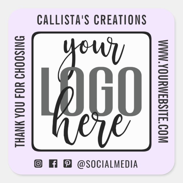 Thank You Pastel Purple Black Border Business Logo Square Sticker (Front)