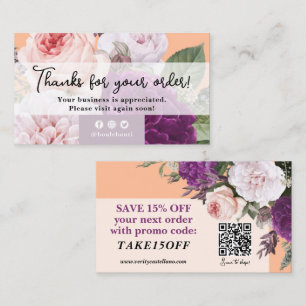 Thank You Peach Fuzz Vintage Rose Floral Discount Business Card