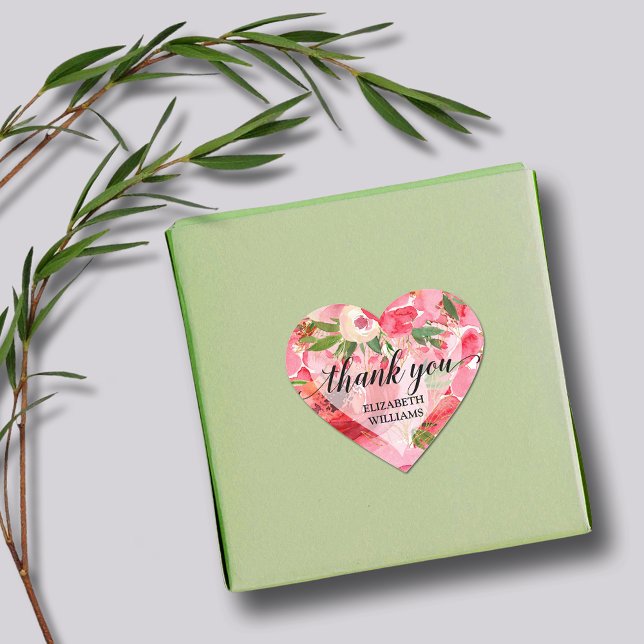 Thank You Peony Flowers Heart Sticker (1-1/2" heart stickers with your name and Thank You on pink and cream peony flowers)