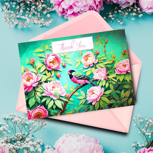 Thank You Peony Pine Gosbeak ai artwork Card (Send a heartfelt thank you with this beautiful botanical thank you card created by ai artwork.)
