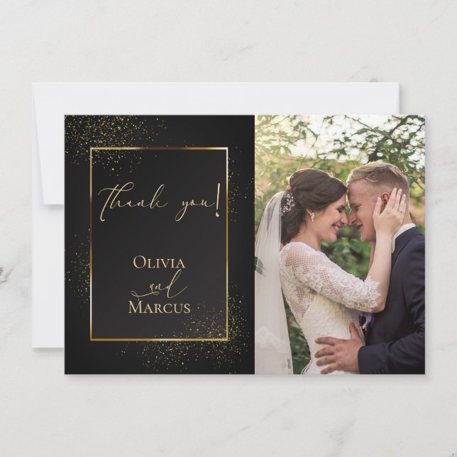 THANK YOU |  PHOTO Elegant Black and Gold Glitter Card (Front)