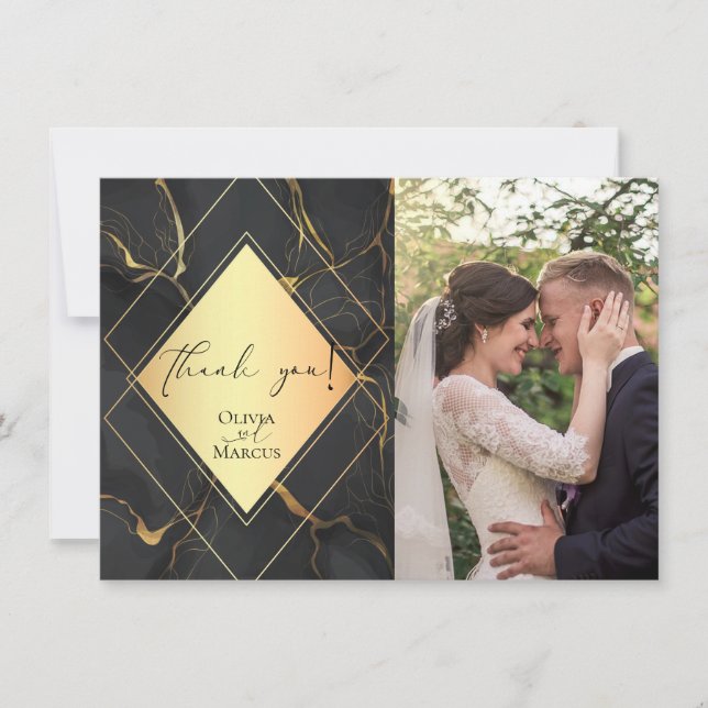 THANK YOU |  PHOTO Elegant Black and Gold Marble Card (Front)