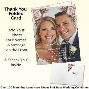 Thank You - Photo on Pink Roses & Doves Wedding Card