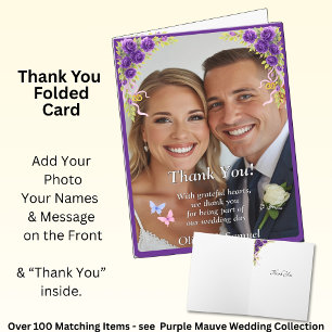 Thank You - Photo on Purple Mauve Flowers & White Card