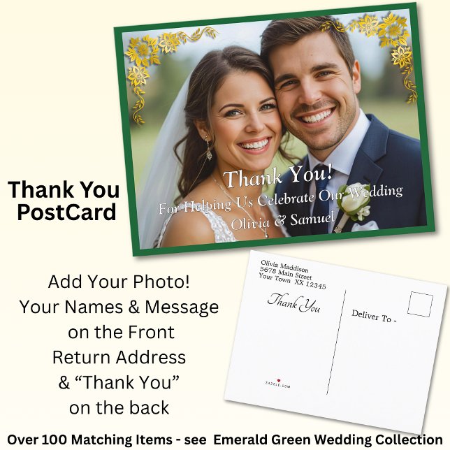 Thank You - Photo with Emerald Green & Gold Announcement Postcard (Creator Uploaded)