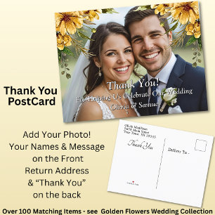 Thank You - Photo with Golden Flowers Wedding Set Announcement Postcard
