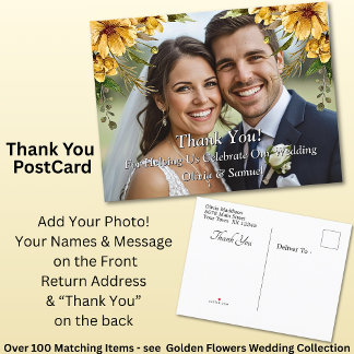 Thank You - Photo with Golden Flowers Wedding Set Announcement Postcard