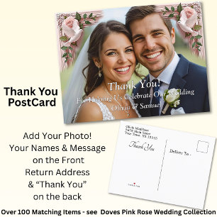 Thank You - Photo with Pink Roses & Doves Wedding Announcement Postcard