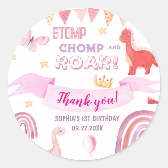 Thank you Pink Baby Dinasaur Kids Birthday Party Classic Round Sticker (Front)