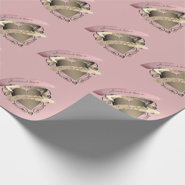 "Thank you" Pink Bronze Heart Emblem Wedding  Wrapping Paper (Corner)