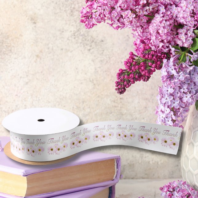 Thank You Pink Daises Ribbon Satin Ribbon (Creator Uploaded)