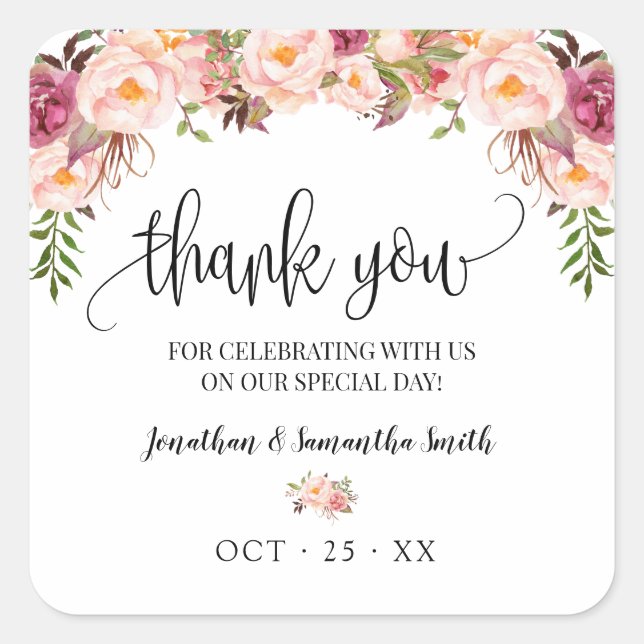 Thank you Pink floral boho chic wedding Square Sticker (Front)