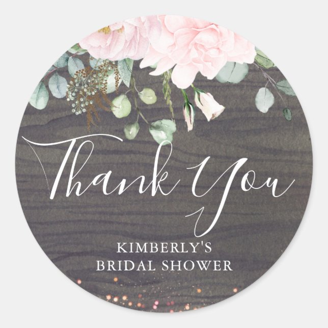 Thank You Pink Flowers Rustic Wood Bridal Shower Classic Round Sticker (Front)