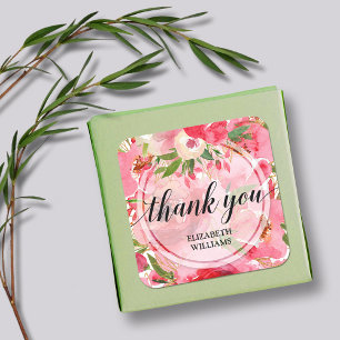 Thank You Pink Flowers Square Sticker