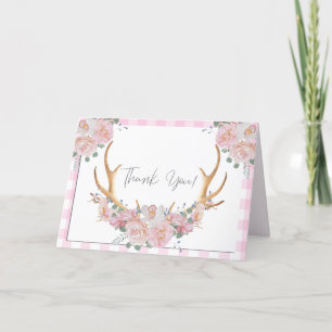 Thank You Pink Gingham BOHO Floral Antlers Card