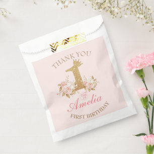 Thank you Pink Gold Crown Princess 1st Birthday Favour Bag
