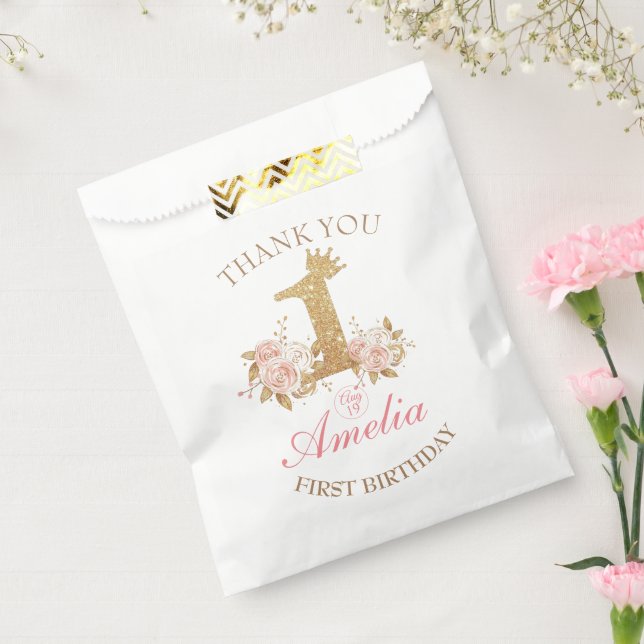 Thank you  Pink Gold Crown Princess 1st Birthday Favour Bag (Sealed)