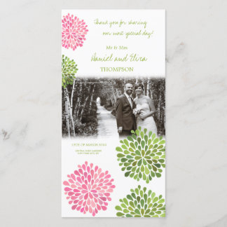 Thank You Pink & Green Blooms Wedding Photo Card
