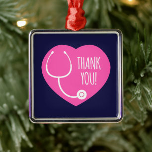 Thank You Pink Heart Stethoscope Metal Ornament